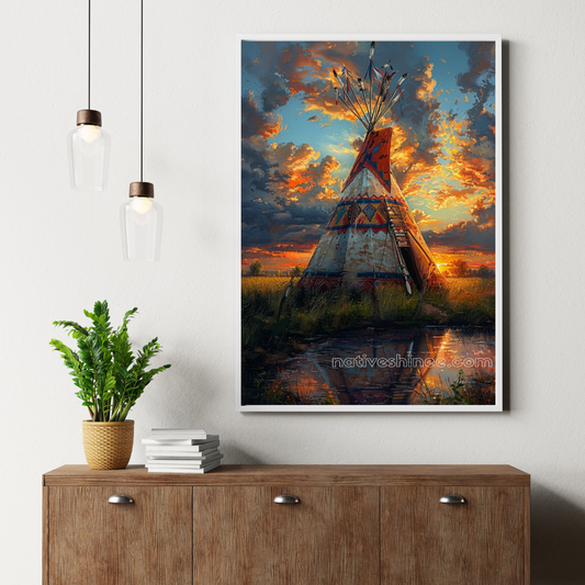 Sunset Over the Prairie Lodge Native American Canvas