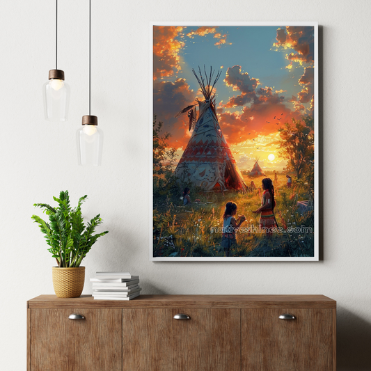Cheyenne Camp at Sunset Native American Canvas