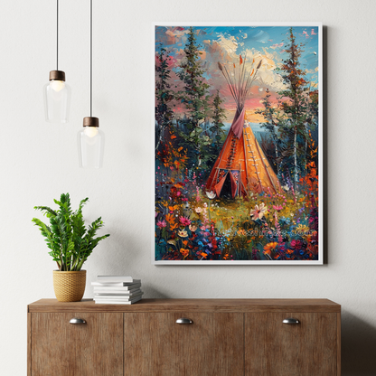 Sunset Over the Teepee Native American Canvas
