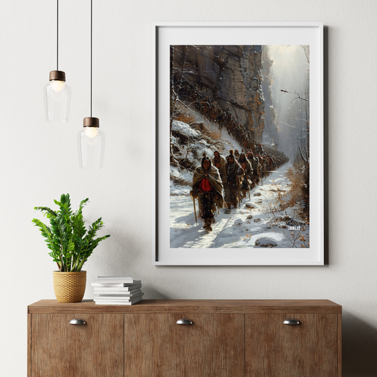 Through the Snow: The Path of Resilience Native American Canvas