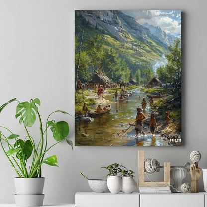 Life by the Mountain Stream Native American Canvas