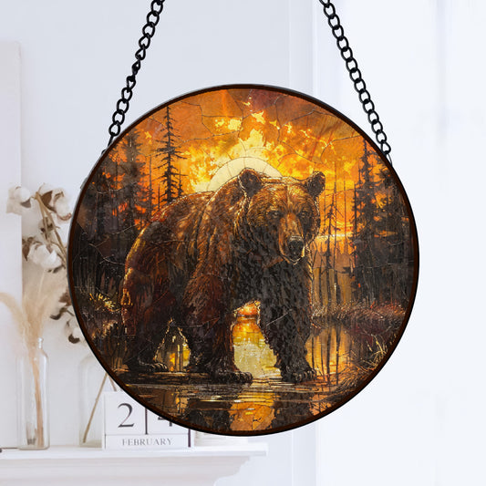 Sunset Native Bear Stained Glass Suncatcher for Window Hanging