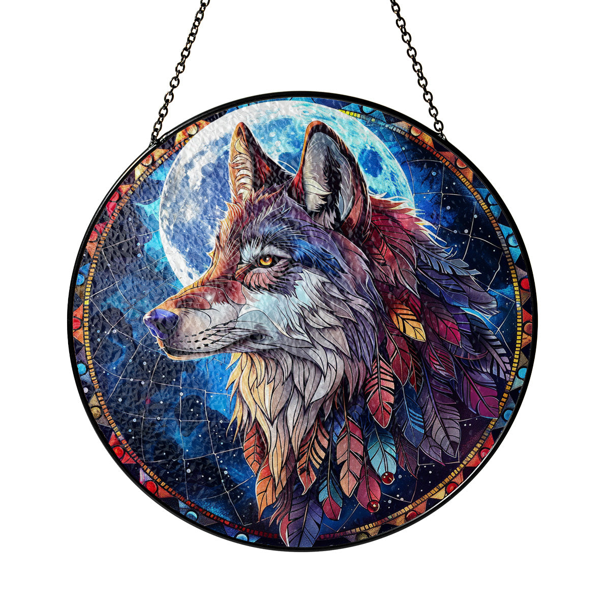 Native Wolf Stained Glass Suncatcher for Window Hanging