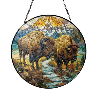 Native Bison Stained Glass Suncatcher for Window Hanging