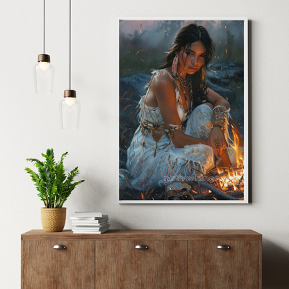 Native Woman by the Fire Native American Canvas