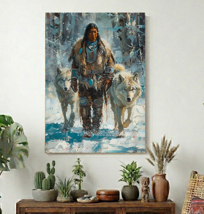 Snowbound Guardian with Two Wolves Canvas