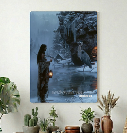 Lantern Beside the Winter Heron Canvas