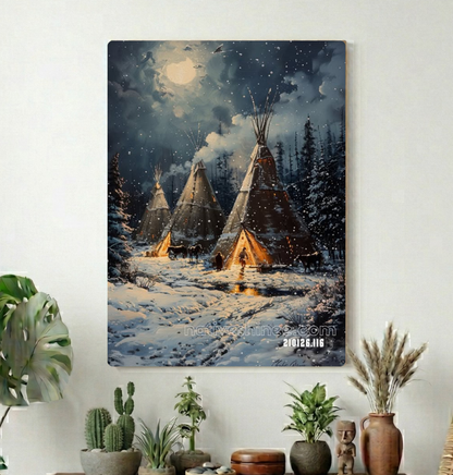 Winter Camp Under the Full Moon Canvas