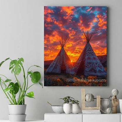 Sunset Over the Tipis Native American Canvas