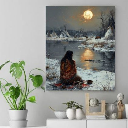 Reflection Under the Winter Moon Native American Canvas VA