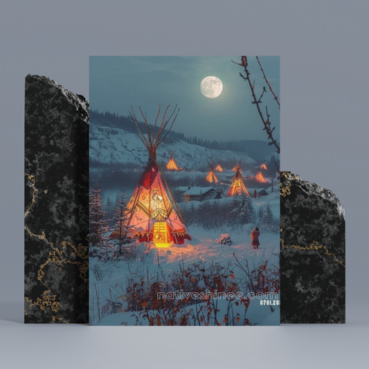 Moonlit Village: A Dance of Lights Native American Canvas