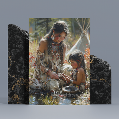 Mother and Child Beading Together Native American Canvas