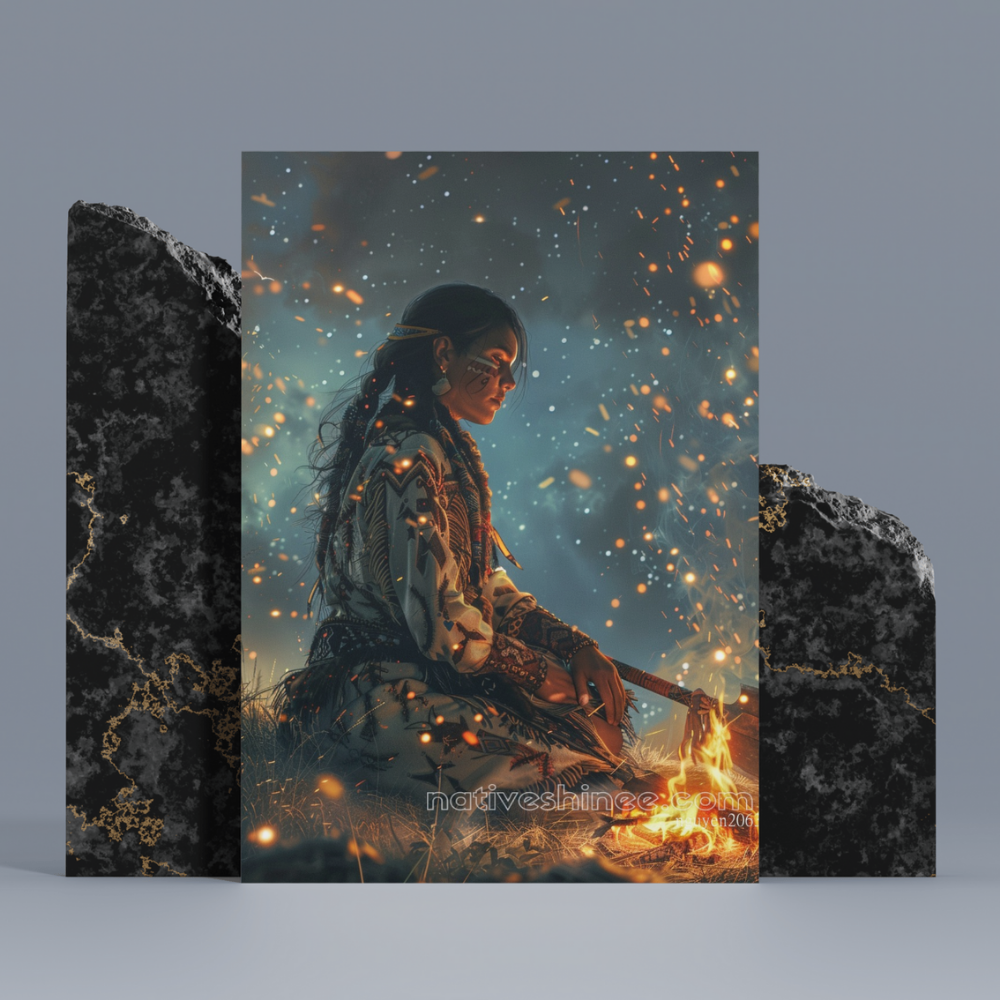 Native Woman by the Fire Native American Canvas