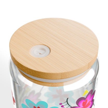 16 oz Anishinaabe Floral Glass Can with Lid and Straw