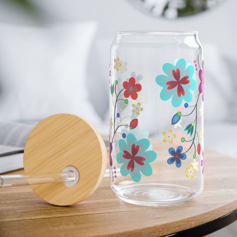 16 oz Anishinaabe Floral Glass Can with Lid and Straw