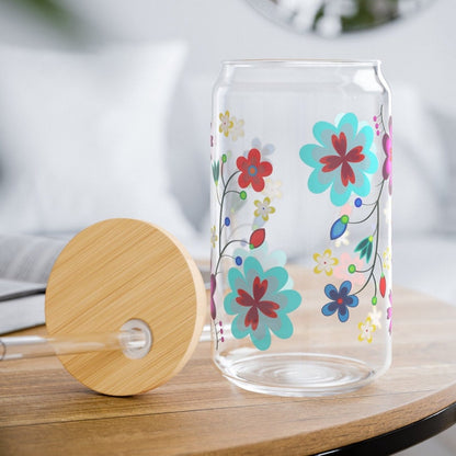 16 oz Anishinaabe Floral Glass Can with Lid and Straw