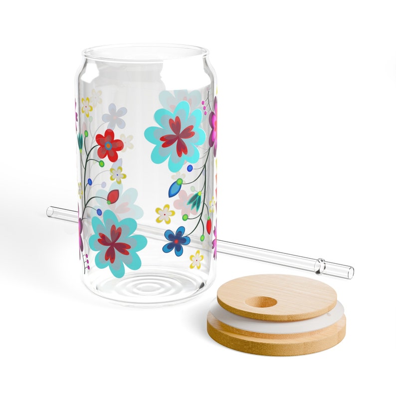 16 oz Anishinaabe Floral Glass Can with Lid and Straw