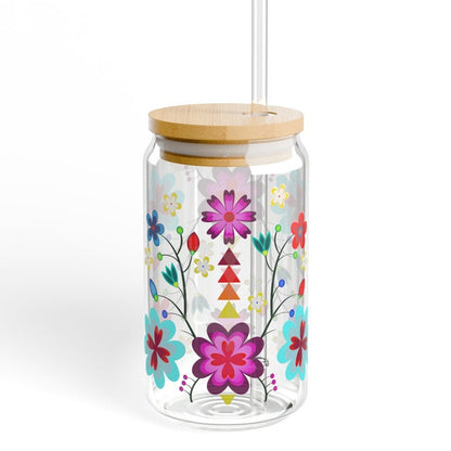 16 oz Anishinaabe Floral Glass Can with Lid and Straw