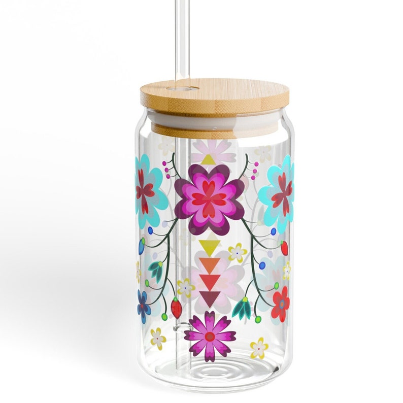 16 oz Anishinaabe Floral Glass Can with Lid and Straw