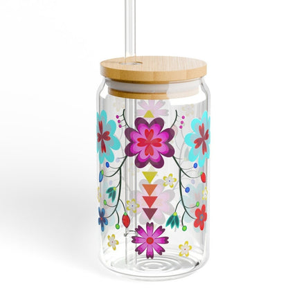 16 oz Anishinaabe Floral Glass Can with Lid and Straw
