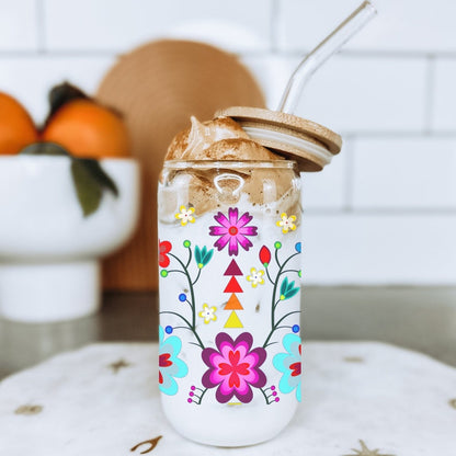 16 oz Anishinaabe Floral Glass Can with Lid and Straw
