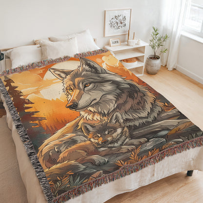 Mom and Baby Wolf Woven Blanket
