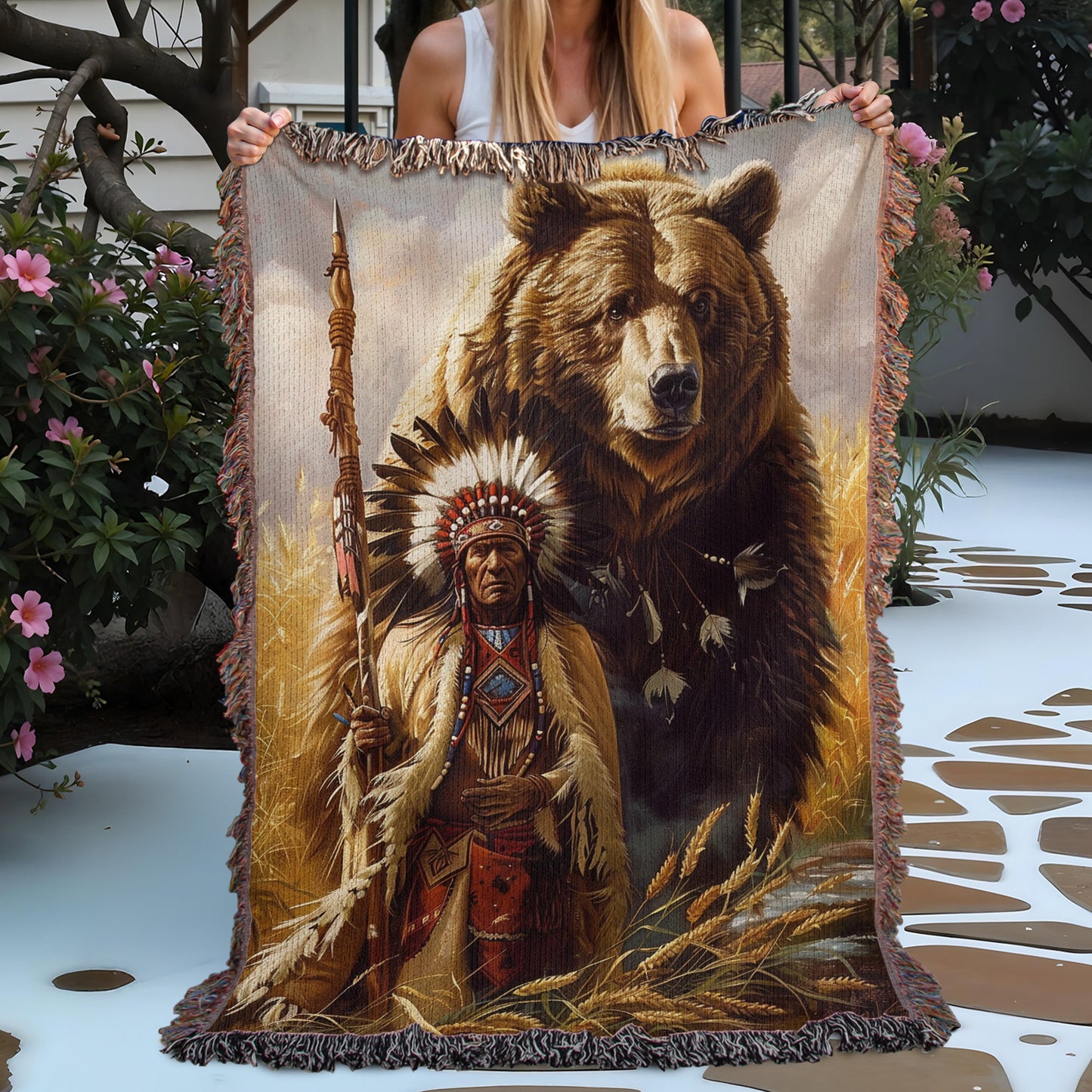 Bear and Native Woven Blanket