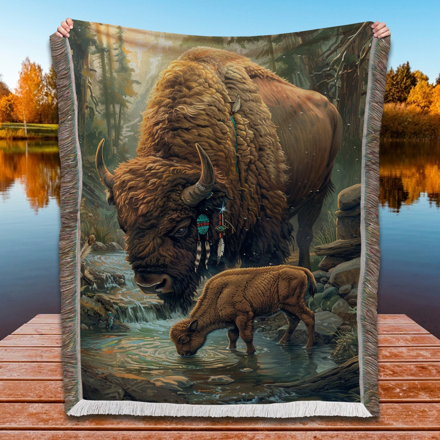 Beaded Buffalo Meadow Woven Blanket