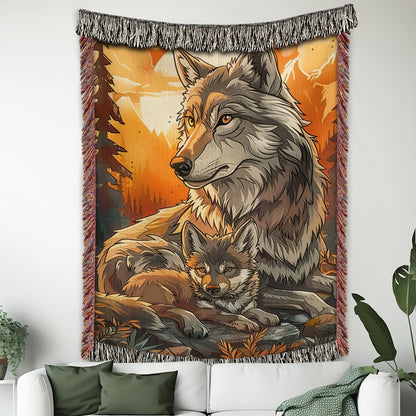 Mom and Baby Wolf Woven Blanket