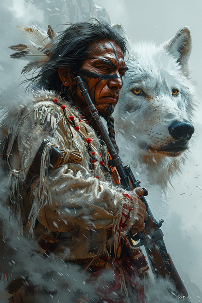 Echoes of the Ancestors: The Warrior and the Wolf Native American Canvas