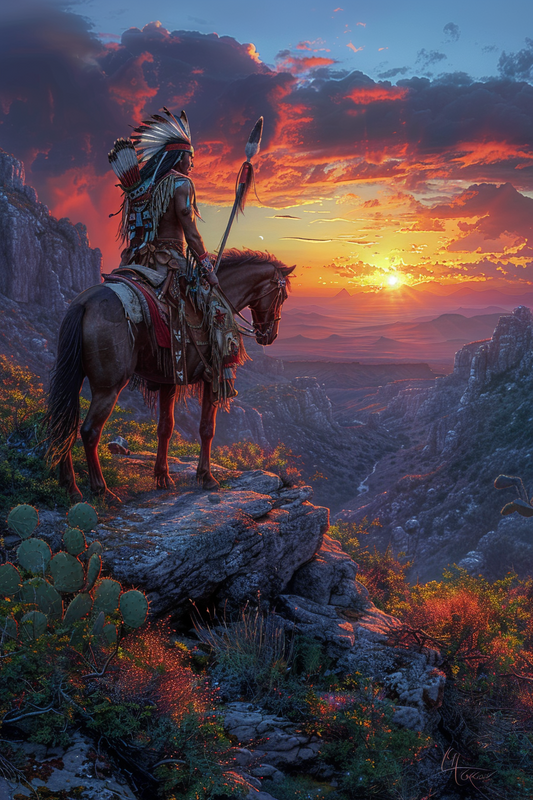 A Warrior's Reflection at Twilight Native American Canvas