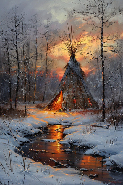 Winter's Warmth in a Teepee Twilight Native American Canvas