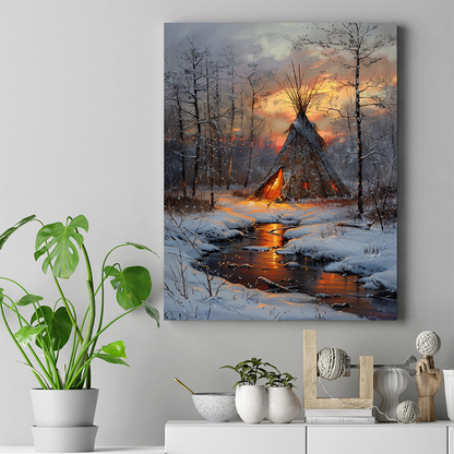 Winter's Warmth in a Teepee Twilight Native American Canvas