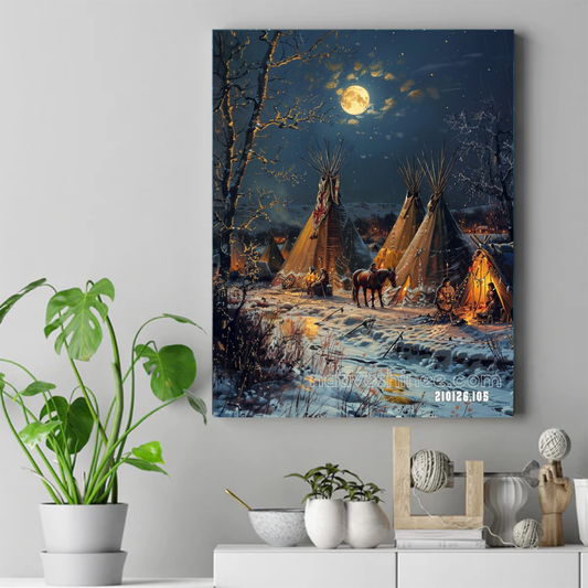 Winter Moon Over the Lodge Circle Canvas