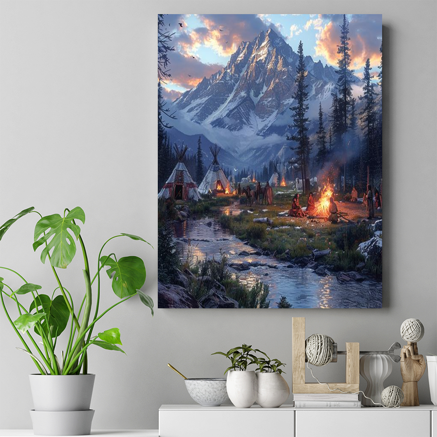 Mystic Mountains and Tribal Tents Native American Canvas