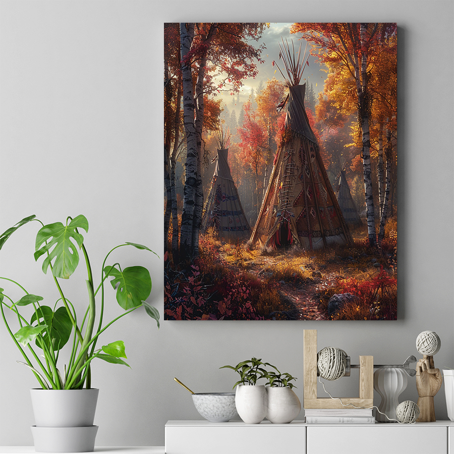 A Forest Camp in Fall Native American Canvas