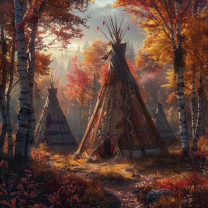 A Forest Camp in Fall Native American Canvas