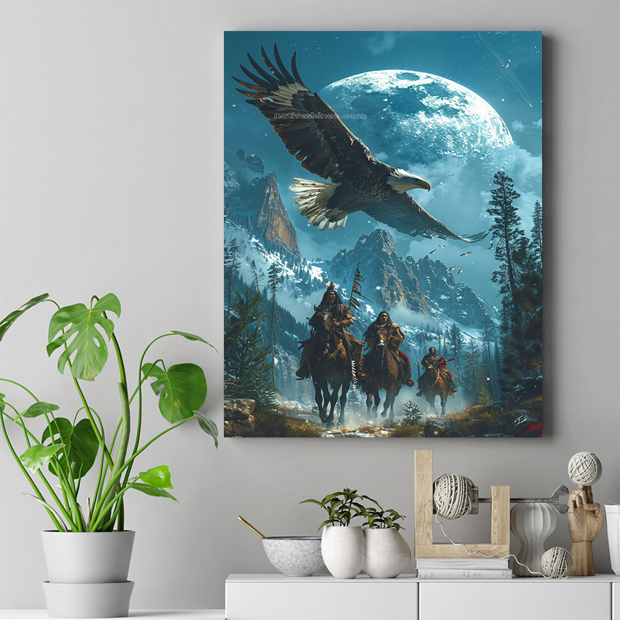 Guardians of the Moonlit Peaks Native American Horse Eagle Canvas