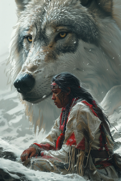 Call of the Wild Winter Native American Wolf Canvas