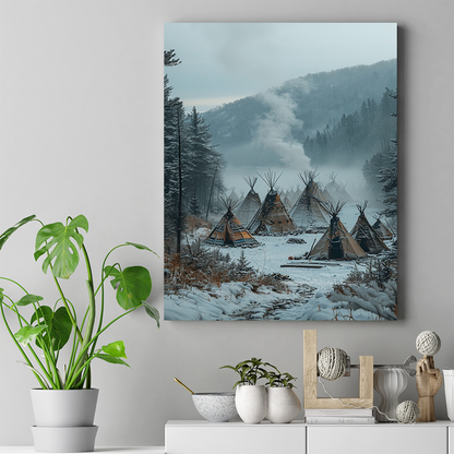 Teepees in the Winter Mist Native American Canvas