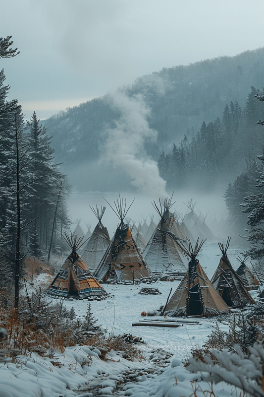 Teepees in the Winter Mist Native American Canvas