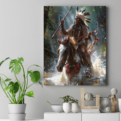 Warrior's Charge Through the River Native American Horse Canvas