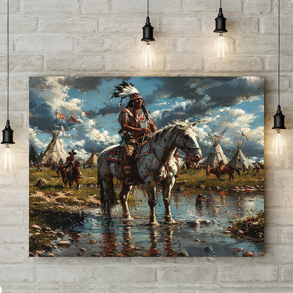 The Warrior's Reflection Native American White Horse Canvas