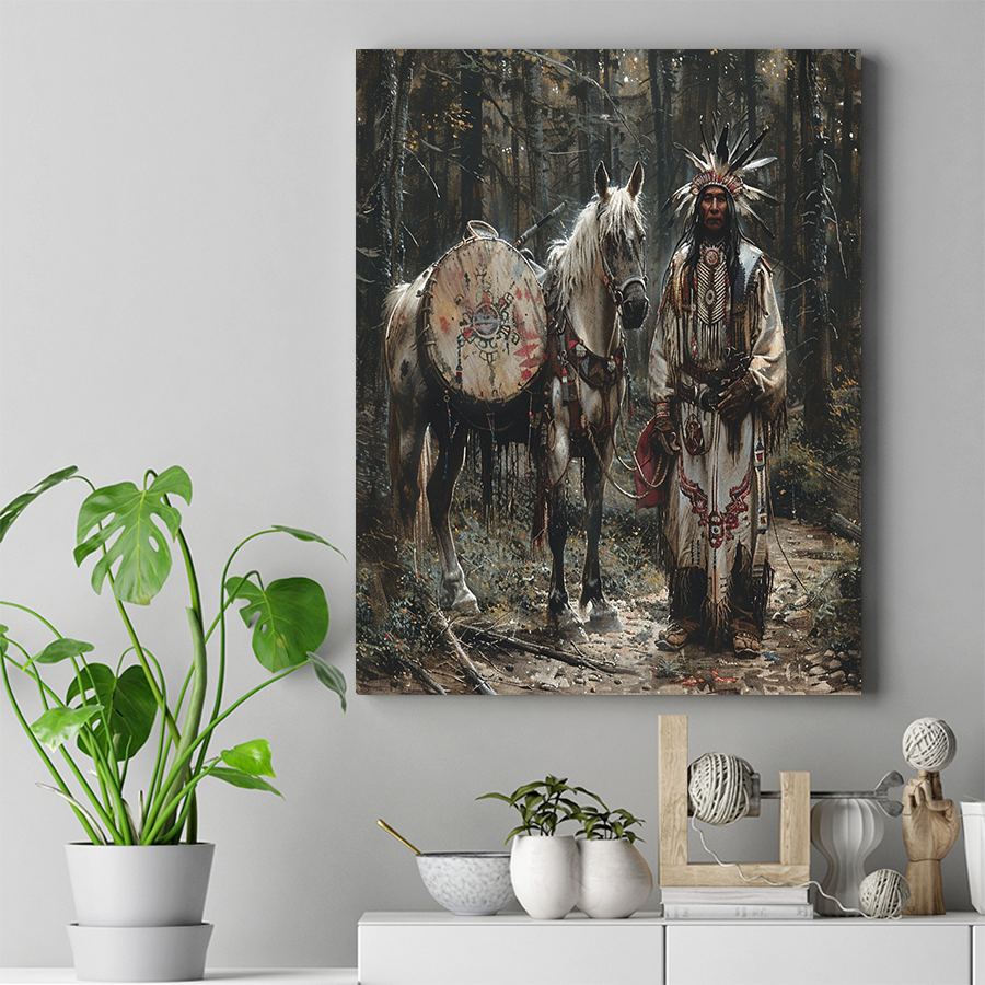 Journey Through Sacred Groves Native American White Horse Canvas