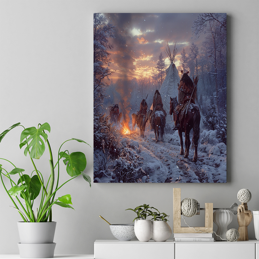 Warriors Guided by the Camp Flames Native American Horse Canvas