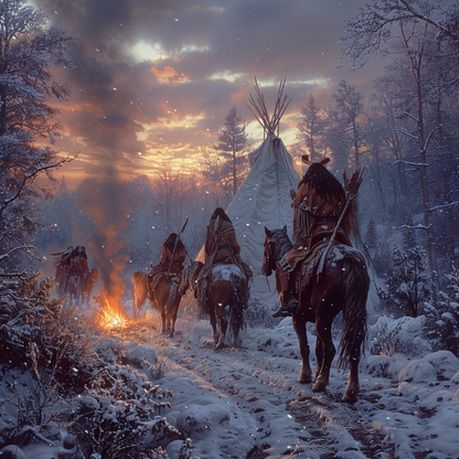 Warriors Guided by the Camp Flames Native American Horse Canvas