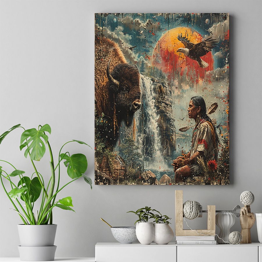 Guardians of the Spirit Falls Native American Eagle Bison Canvas