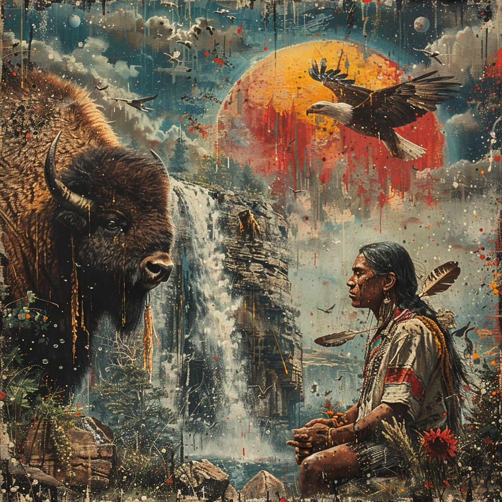 Guardians of the Spirit Falls Native American Eagle Bison Canvas