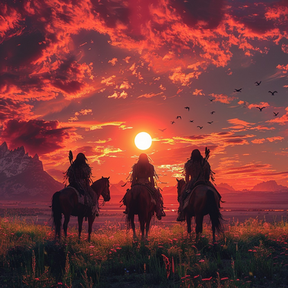 Native American Warrior's Sunset Vigil Native Horse Canvas