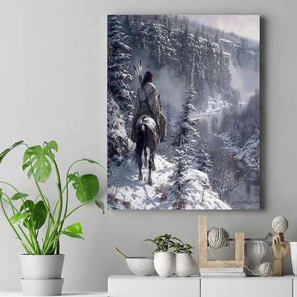 A Native Warrior's Path Amidst Winter's Chill Horse Canvas